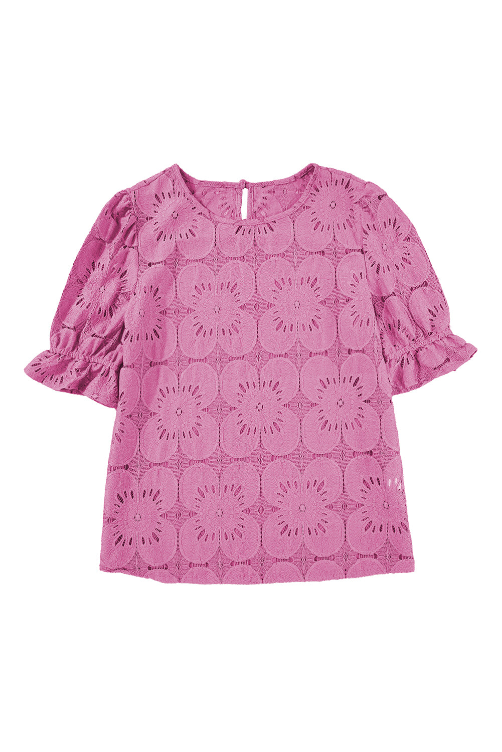 White Flower Eyelet Jacquard Keyhole Puff Sleeve Blouse