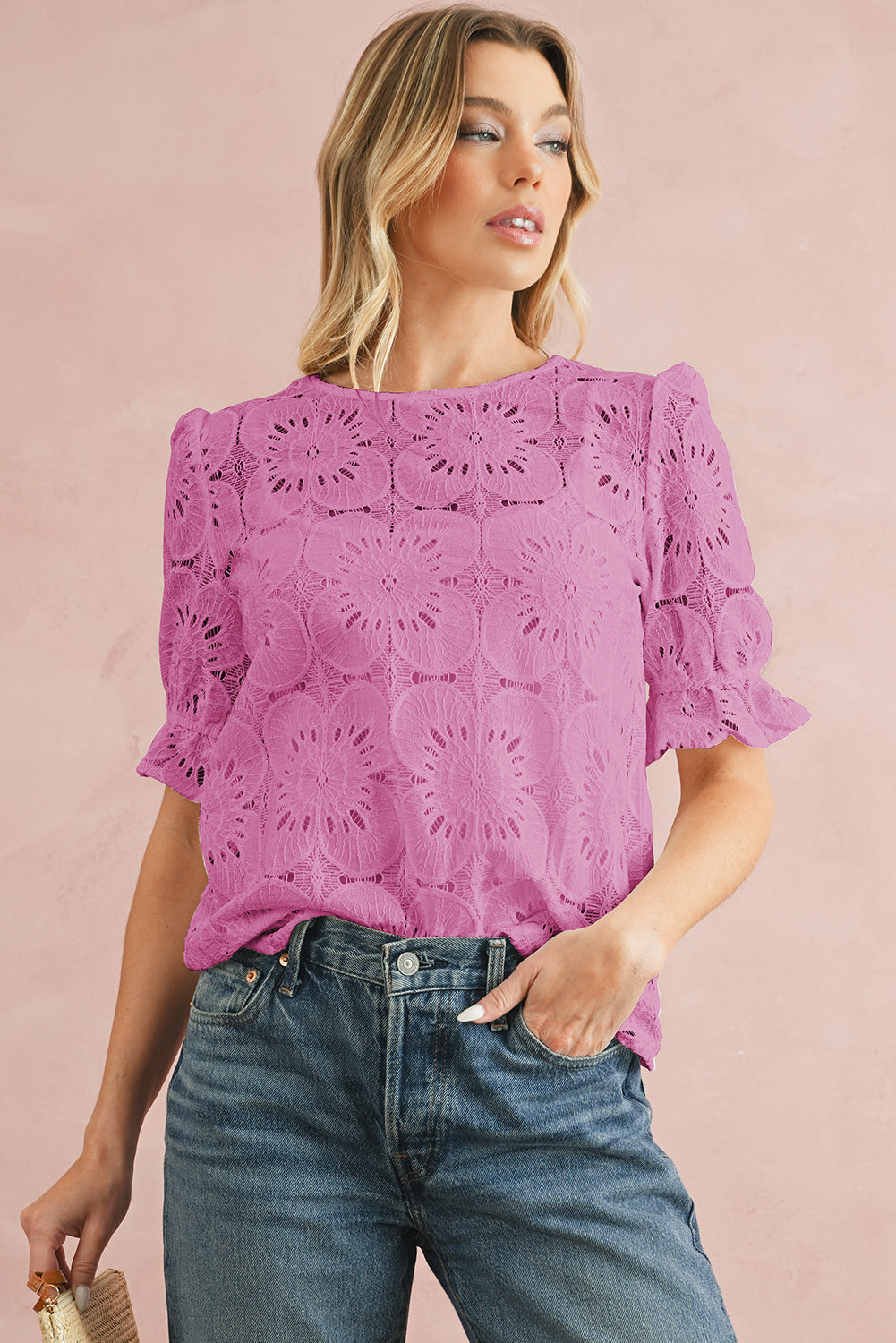 White Flower Eyelet Jacquard Keyhole Puff Sleeve Blouse