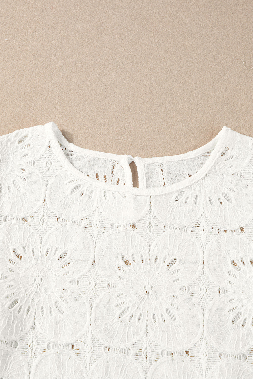 White Flower Eyelet Jacquard Keyhole Puff Sleeve Blouse