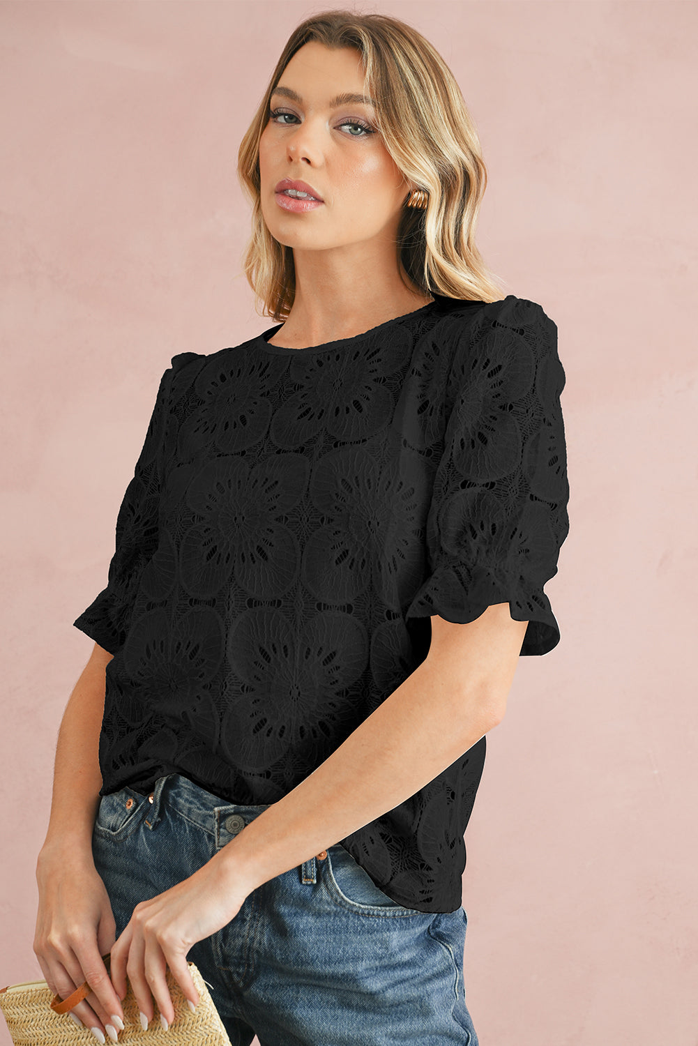 White Flower Eyelet Jacquard Keyhole Puff Sleeve Blouse