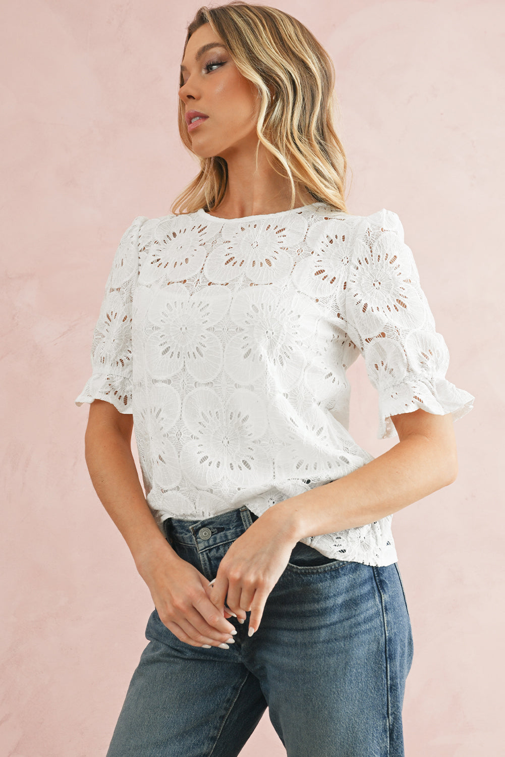 White Flower Eyelet Jacquard Keyhole Puff Sleeve Blouse