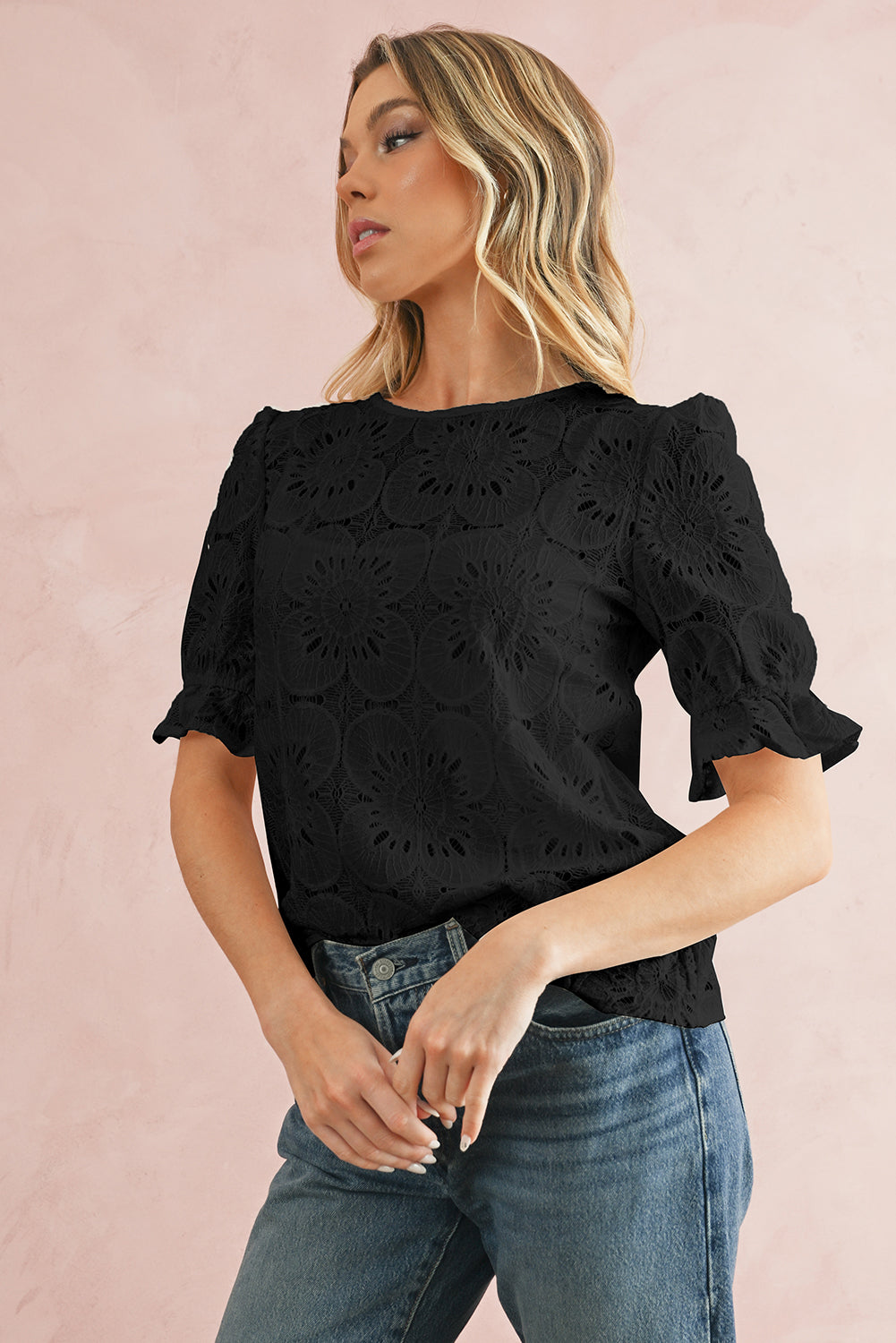 White Flower Eyelet Jacquard Keyhole Puff Sleeve Blouse