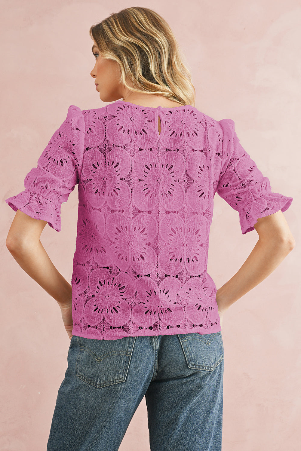 White Flower Eyelet Jacquard Keyhole Puff Sleeve Blouse