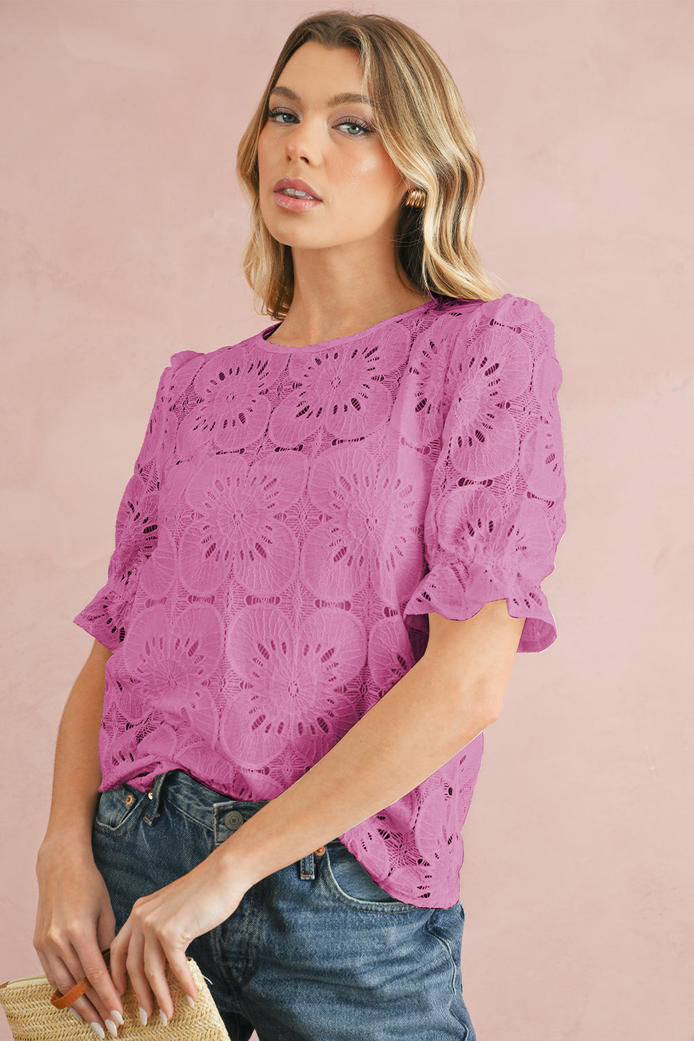White Flower Eyelet Jacquard Keyhole Puff Sleeve Blouse