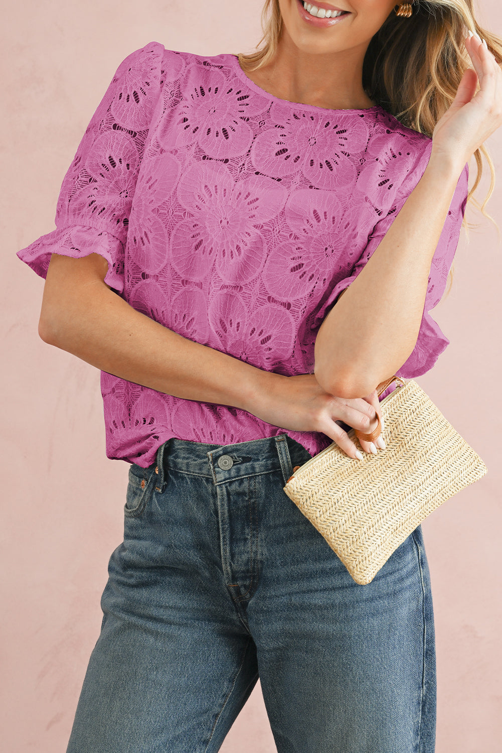 White Flower Eyelet Jacquard Keyhole Puff Sleeve Blouse