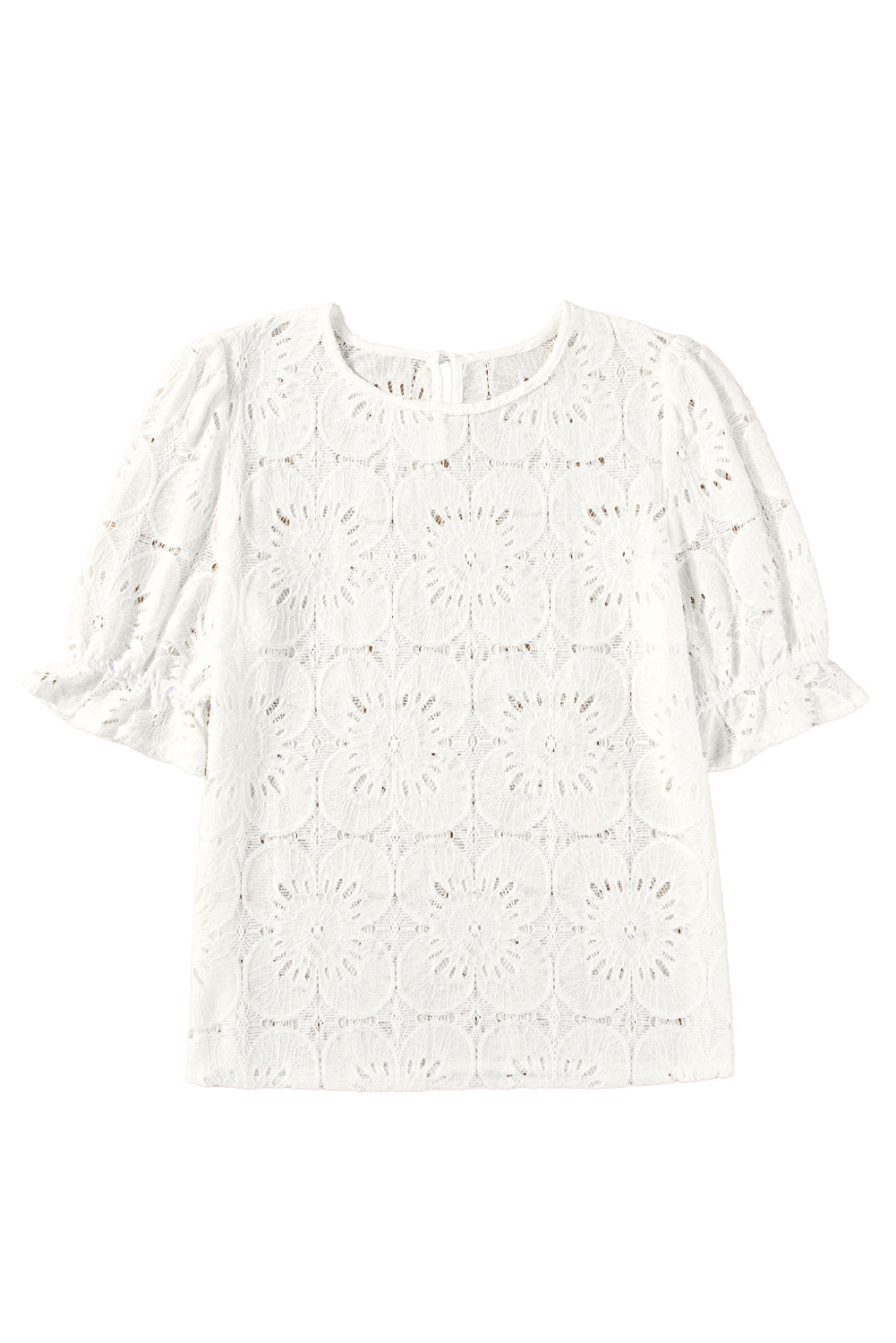 White Flower Eyelet Jacquard Keyhole Puff Sleeve Blouse