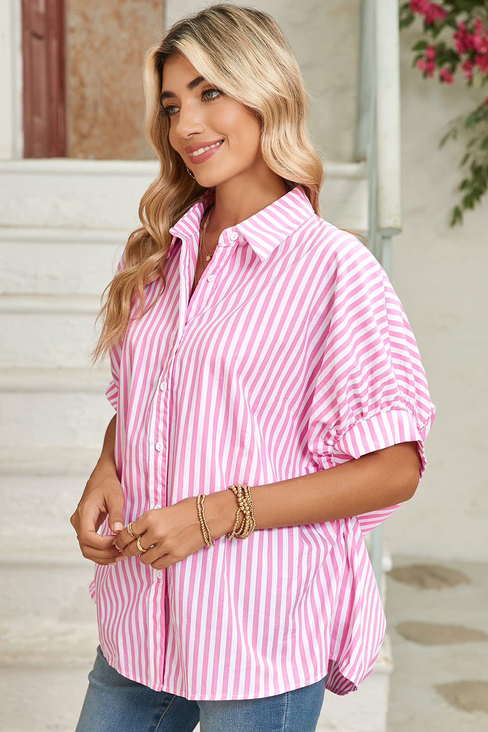Pink Stripe Button Up Dolman Shirt