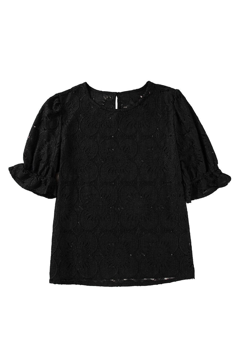 White Flower Eyelet Jacquard Keyhole Puff Sleeve Blouse
