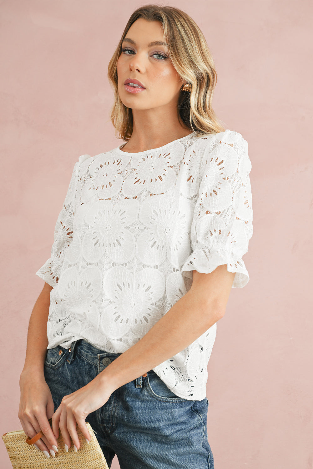 White Flower Eyelet Jacquard Keyhole Puff Sleeve Blouse
