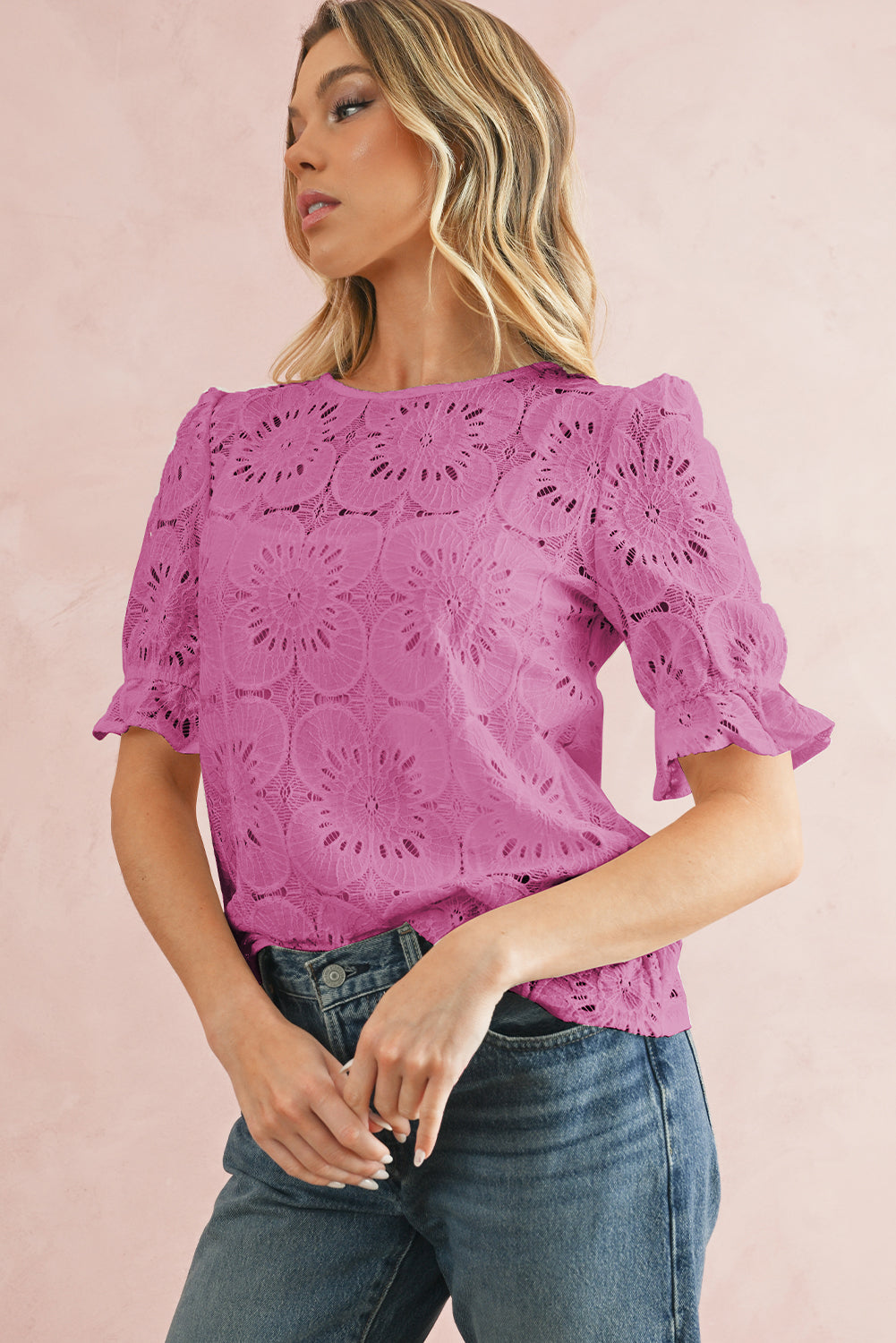 White Flower Eyelet Jacquard Keyhole Puff Sleeve Blouse