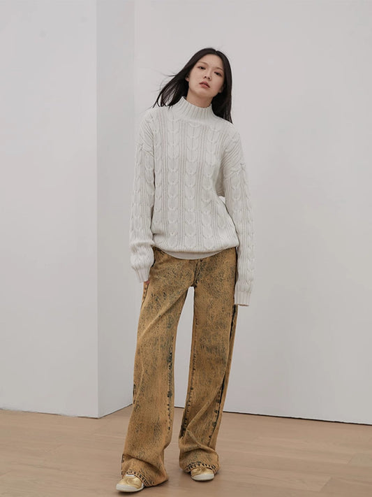 Women’s Merino Wool Twisted Oversized Sweaters Turtleneck，“Autumn Moon Star Sea”