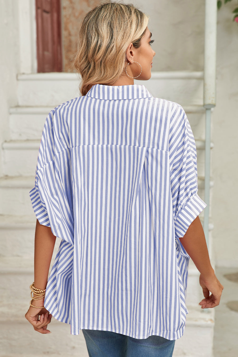 Pink Stripe Button Up Dolman Shirt