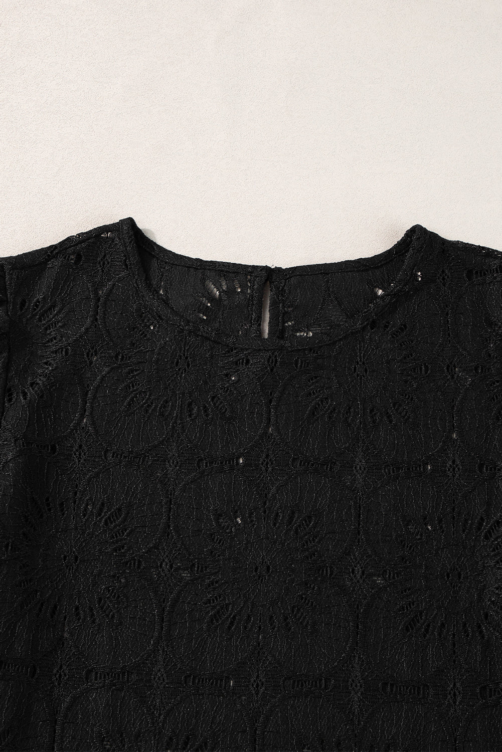 White Flower Eyelet Jacquard Keyhole Puff Sleeve Blouse
