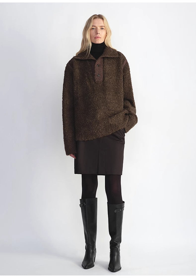 Alpaca Wool Blended Bouclé Yarn Spliced POLO Shirt Lazy and Relaxed Sweater