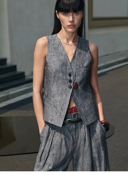 "Old Money Space" Linen Draped Vest and Straight Trousers Suit