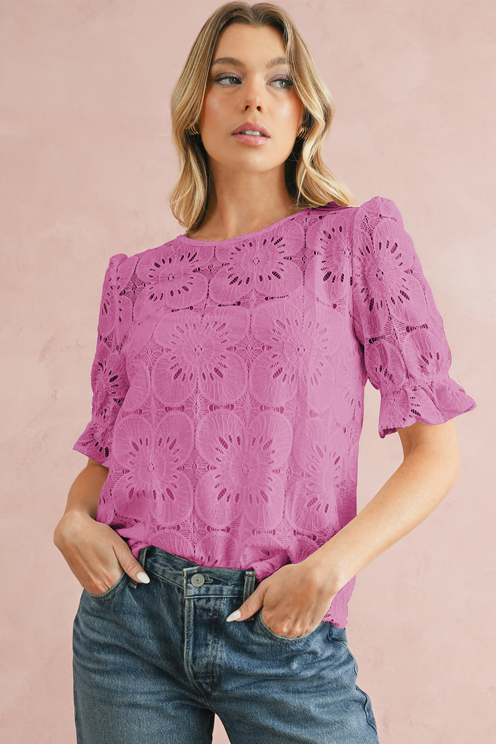 White Flower Eyelet Jacquard Keyhole Puff Sleeve Blouse