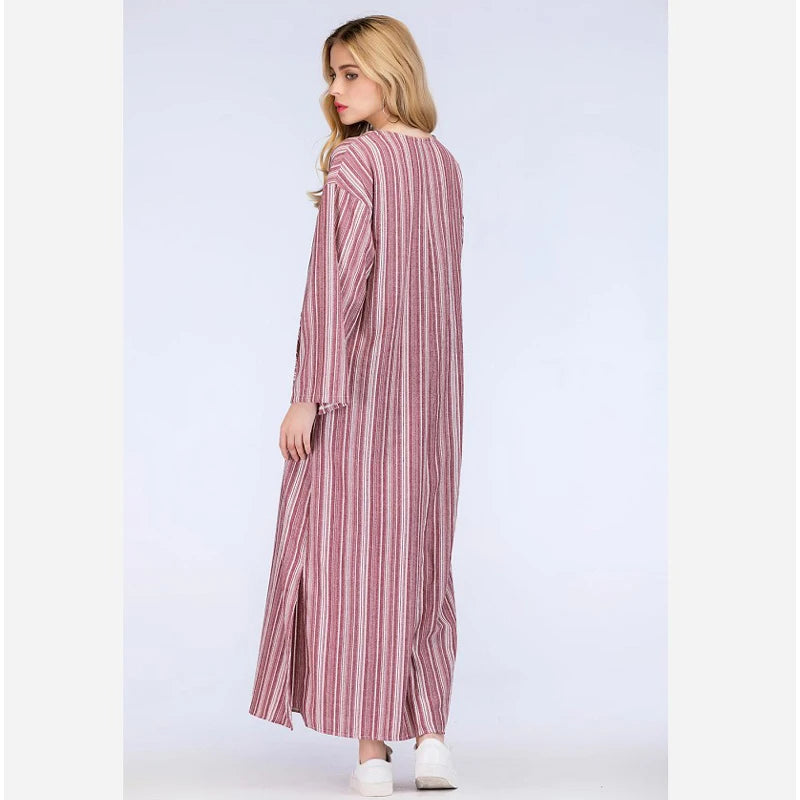 Cotton Linen Dress Kaftan Long Sleeve Striped Women Long Maxi Boho Dresses