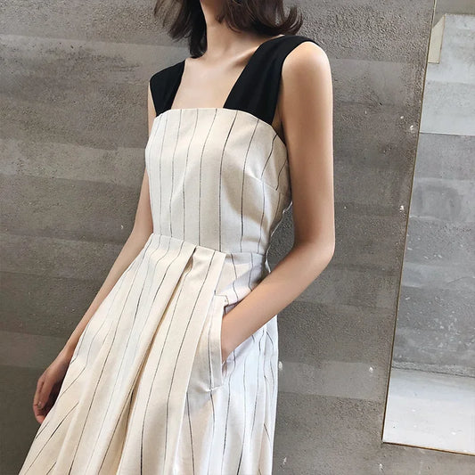 Cotton and Linen High Waist Swing Vintage Pocket Cross Back Party Casual
