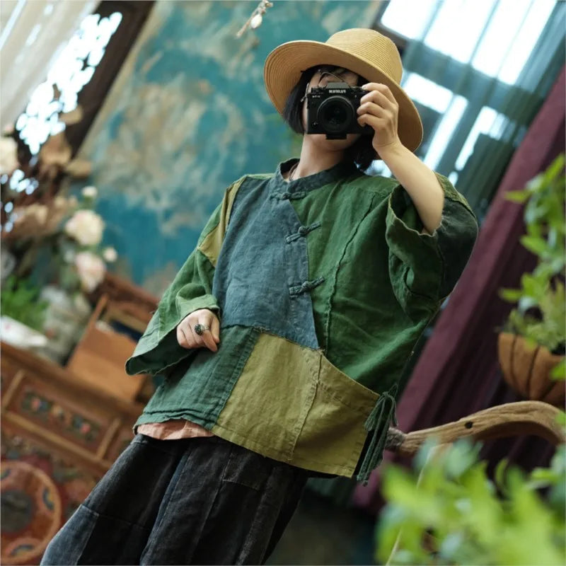 Patchwork Green Shirt Chinese Style Long Cotton Linen Blouse