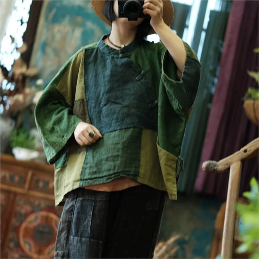 Patchwork Green Shirt Chinese Style Long Cotton Linen Blouse