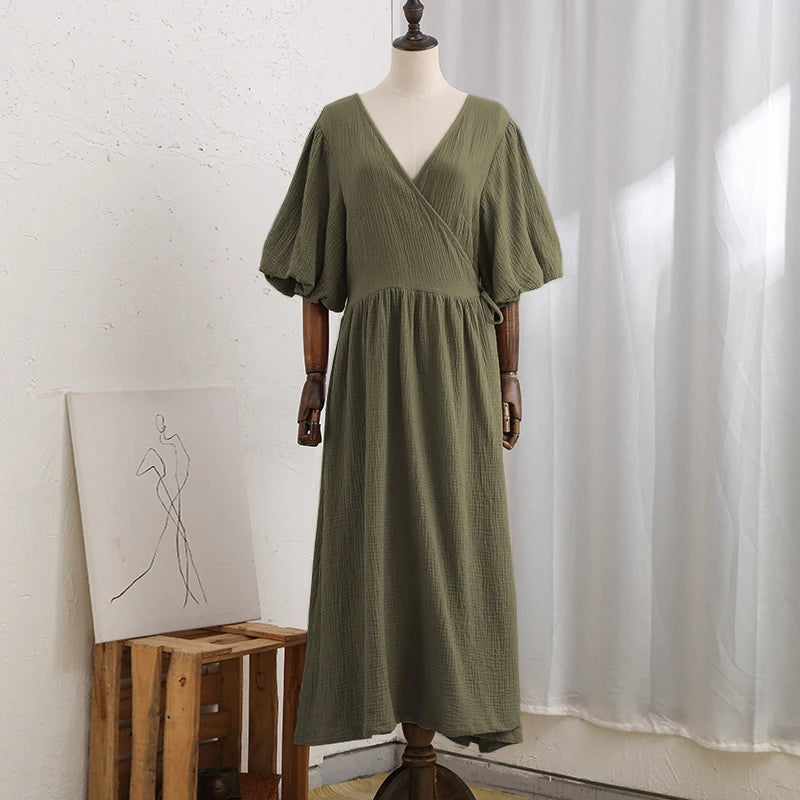 Vintage 100% Cotton Retro Crepe Gauze V-Neck Puff Sleeve Long Maxi Robe