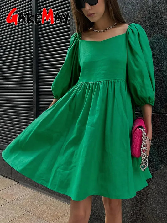 100% Cotton Casual Dresses Short Sleeve Ruffle A-Line Mini Green Dress