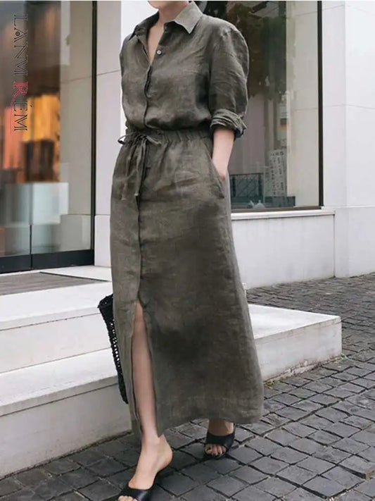 Solid Color Lapel Long Sleeve Drawstring Cotton and Linen Loose