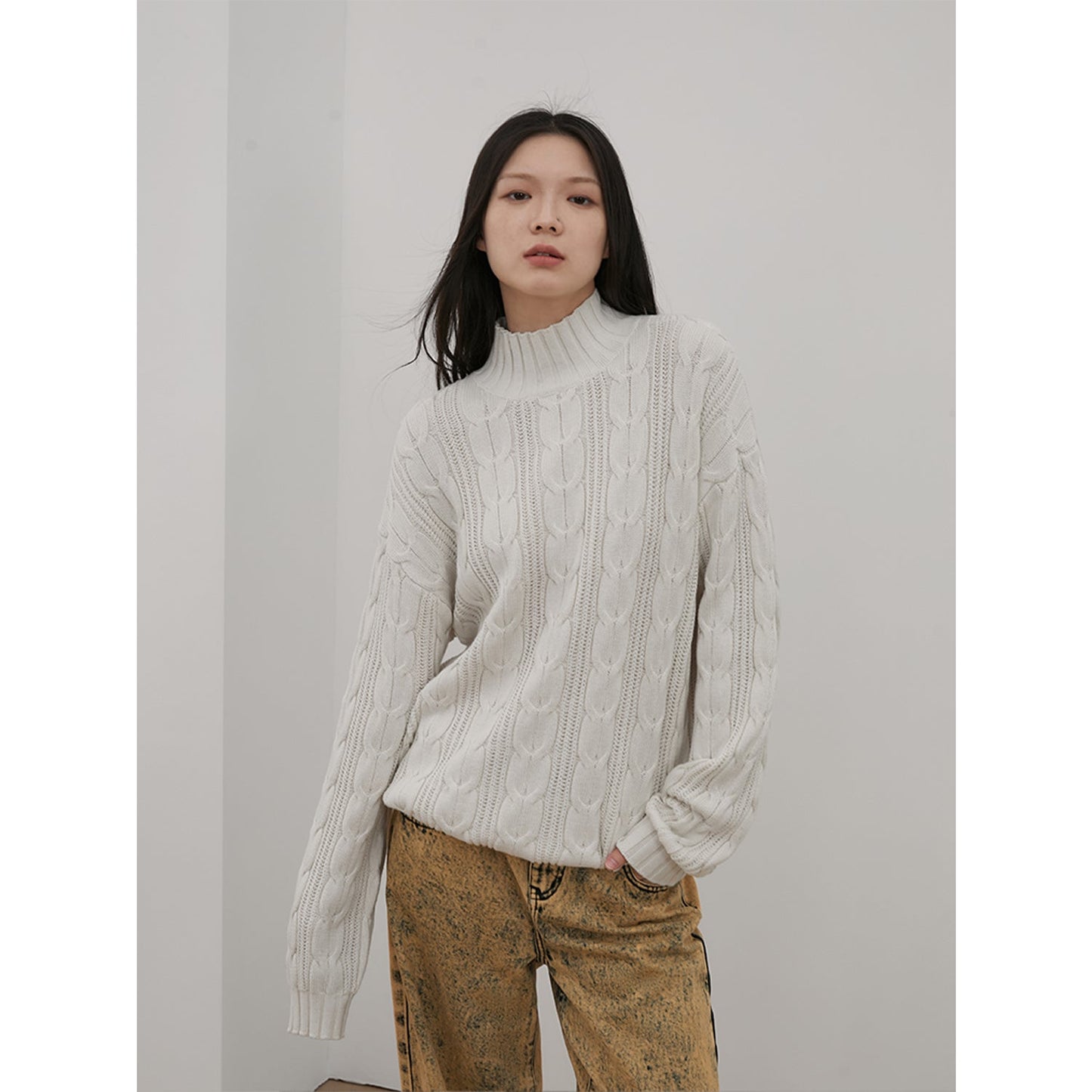 Women’s Merino Wool Twisted Oversized Sweaters Turtleneck，“Autumn Moon Star Sea”