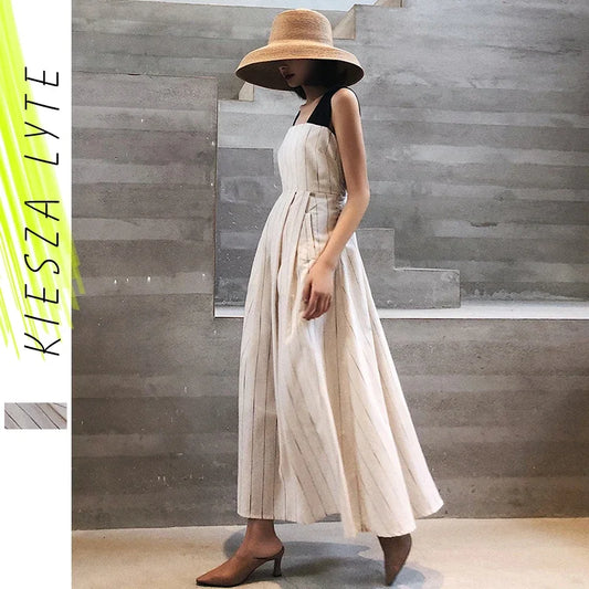 Cotton and Linen High Waist Swing Vintage Pocket Cross Back Party Casual