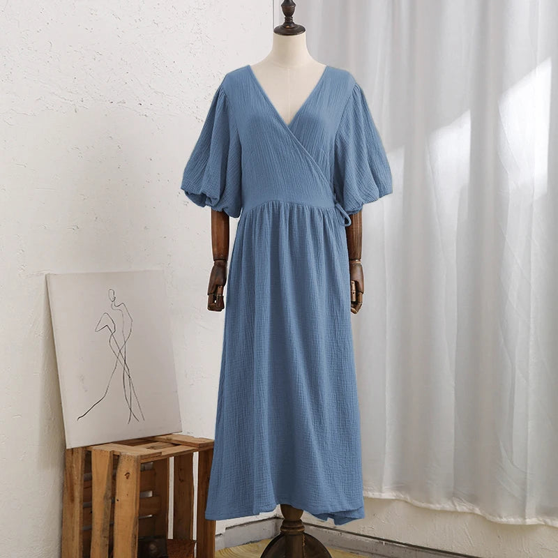 Vintage 100% Cotton Retro Crepe Gauze V-Neck Puff Sleeve Long Maxi Robe