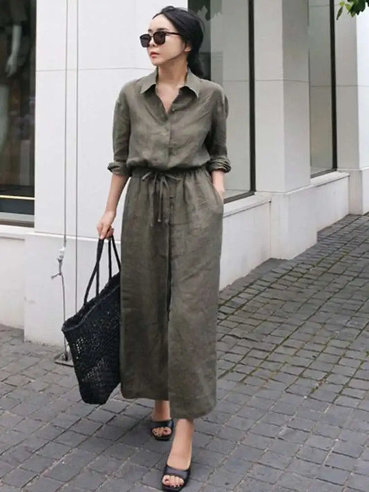 Solid Color Lapel Long Sleeve Drawstring Cotton and Linen Loose