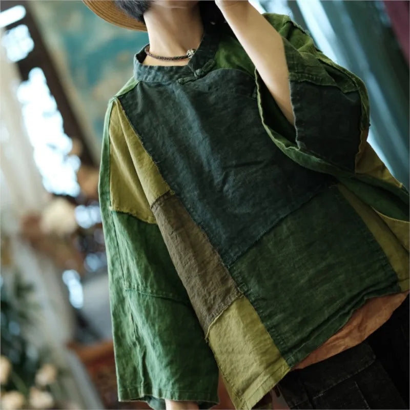 Patchwork Green Shirt Chinese Style Long Cotton Linen Blouse