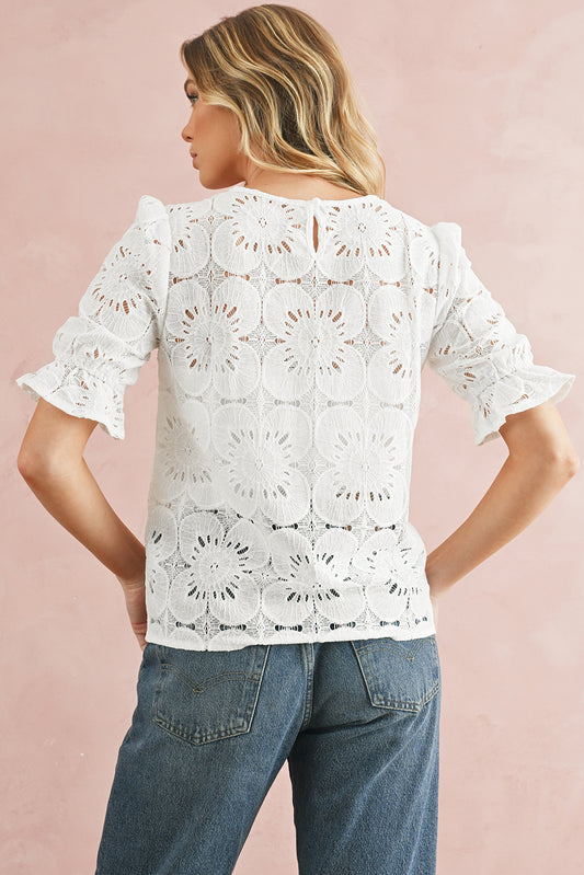 White Flower Eyelet Jacquard Keyhole Puff Sleeve Blouse