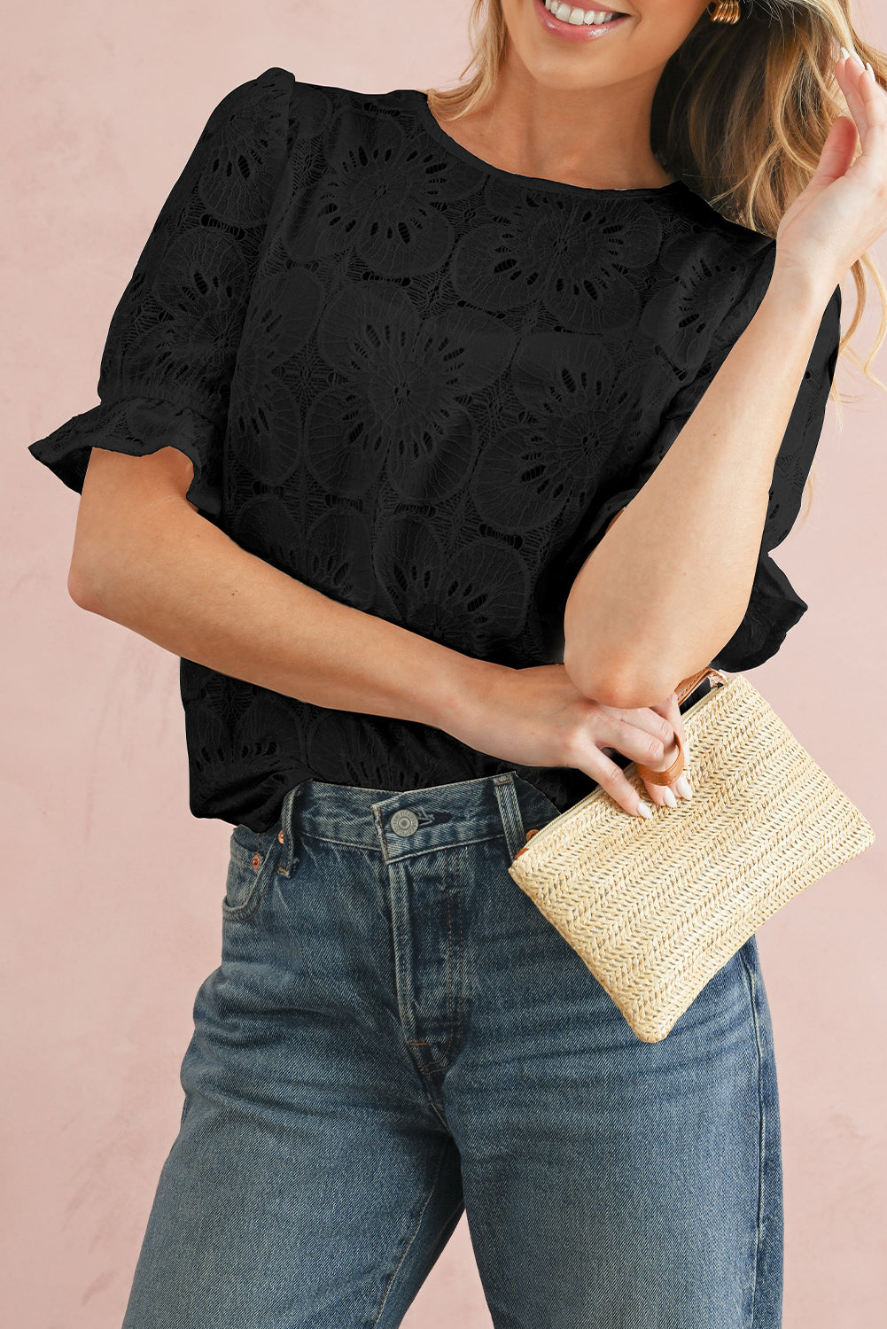 White Flower Eyelet Jacquard Keyhole Puff Sleeve Blouse
